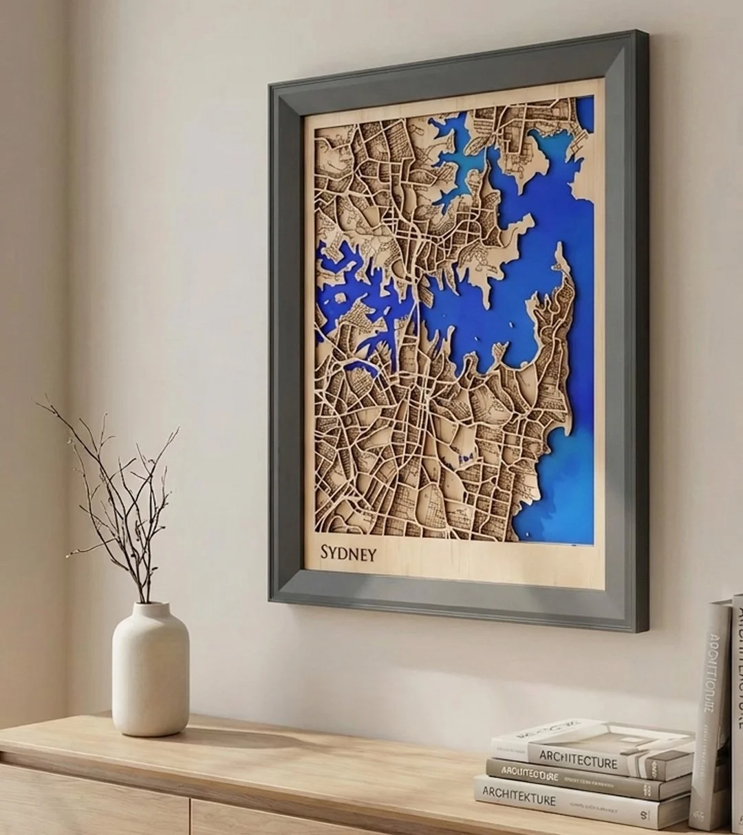 Framed laser-cut Sydney map wall art with layered street details and a bright blue water background.