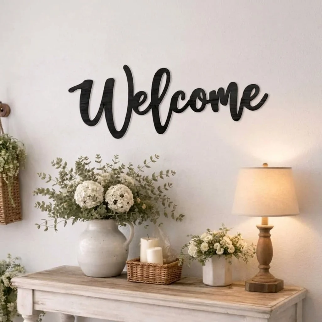 Decorative living room display featuring a large white vase with white flowers and green foliage, a woven basket with candles, a smaller white flower arrangement, a wooden table lamp with a beige shade, and a black 'Welcome' sign on the wall.