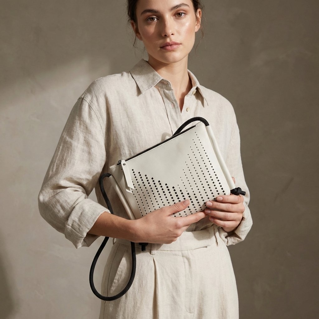 Modern handbag with laser-cut perforated detailing and black cord straps, styled as a minimalist fashion accessory.