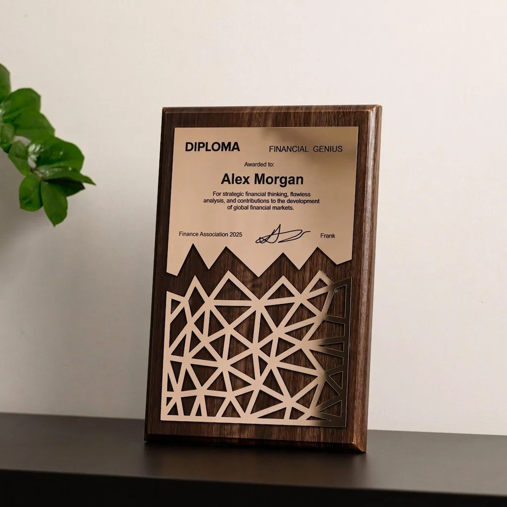 Custom presentation award plaque with timber frame, engraved decorative panel and printed diploma-style insert