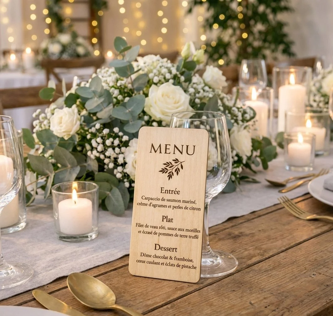 Wooden table menu sign displayed among candles and floral arrangements on a styled dining table setting