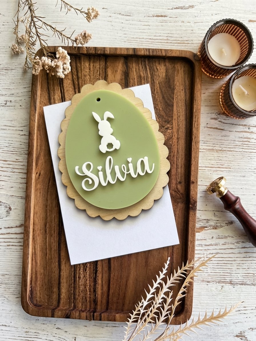 Personalised Easter egg plaque with layered acrylic and wood details, featuring a bunny silhouette and the name Silvia.