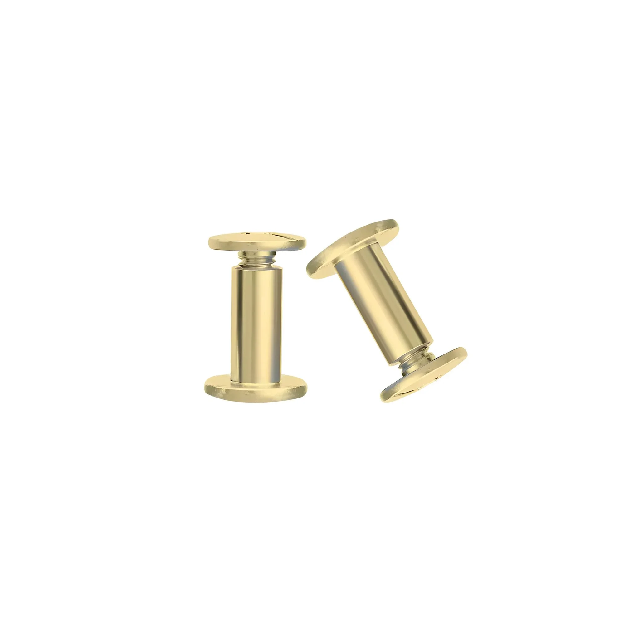 Two gold-colored metal pulleys with flanges, one lying flat and the other tilted, on a white background.