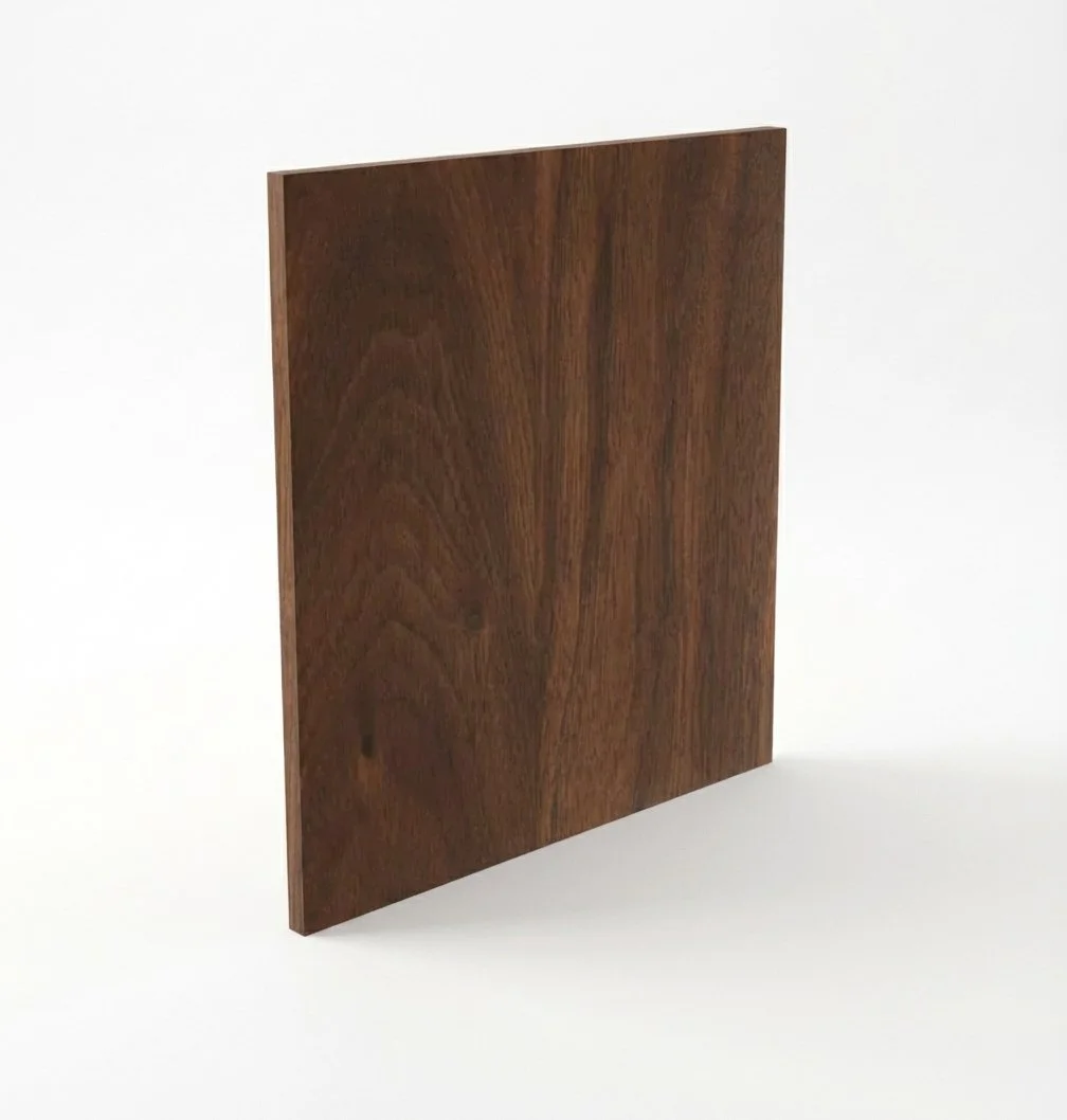 A square wooden panel with a polished dark wood grain surface standing upright against a plain white background.