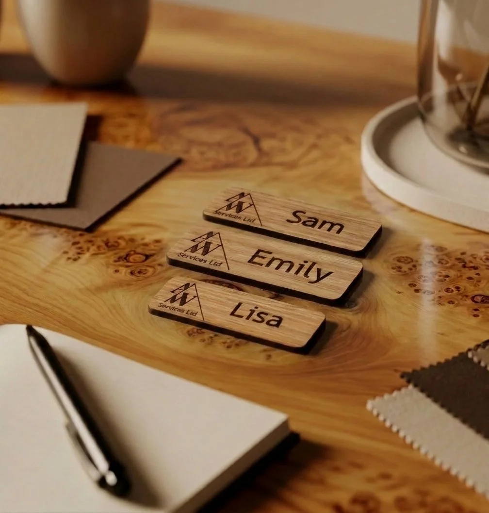 Laser engraved wooden staff name badges with personalised names and logo branding for workplace or event use.