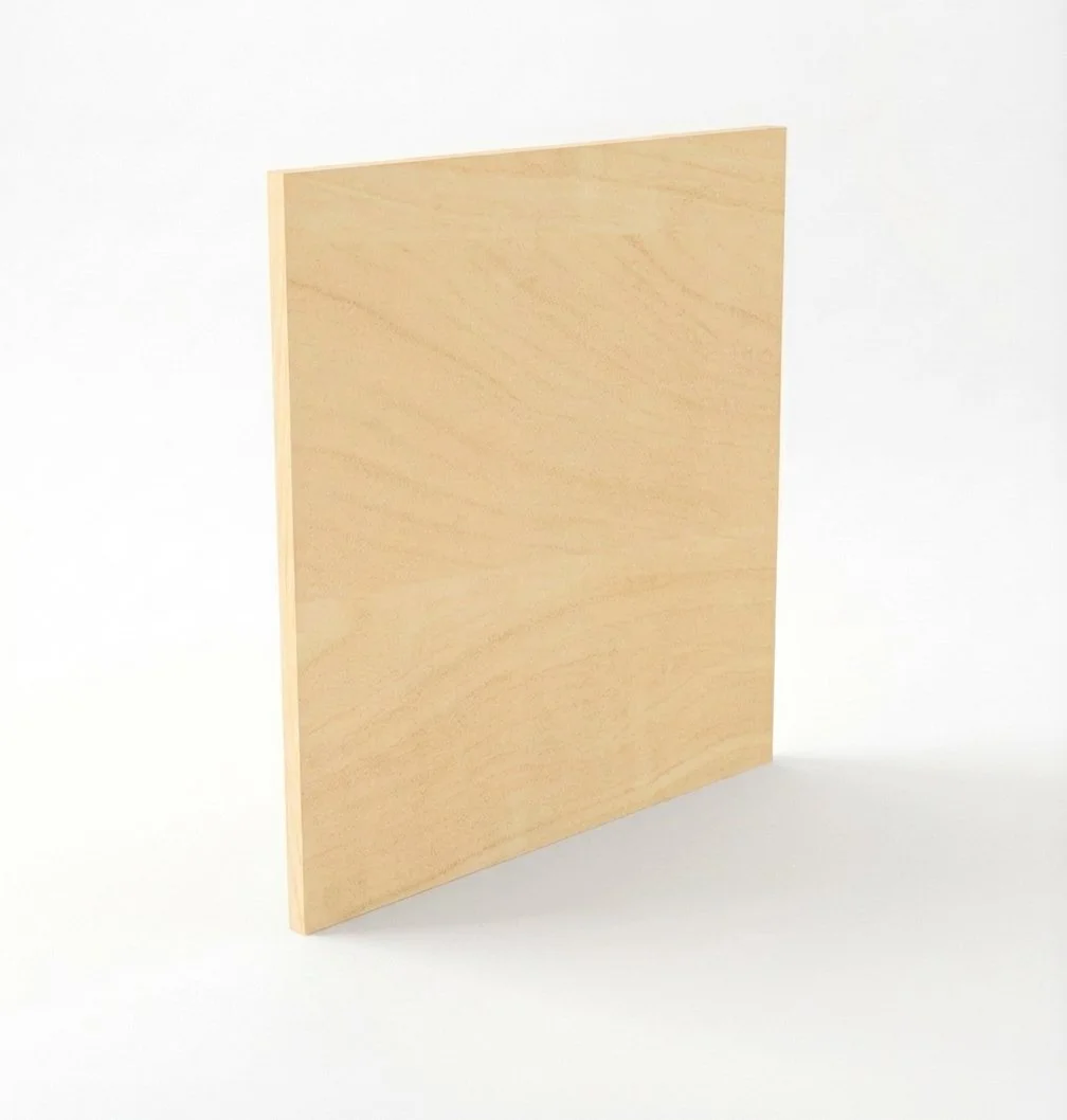 A plain, light-colored wooden board standing upright against a white background.