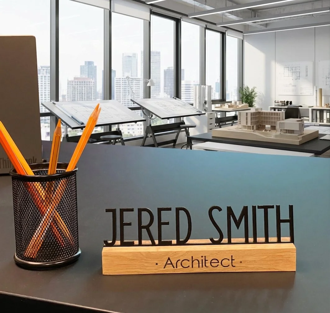 Custom desk name plaque with raised black lettering and timber base displayed on an office desk