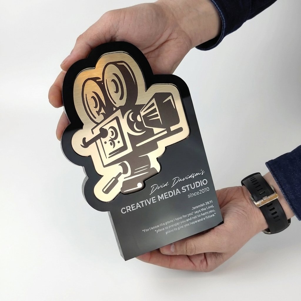 Custom shaped award trophy in black and gold layered finish held in hand for presentation