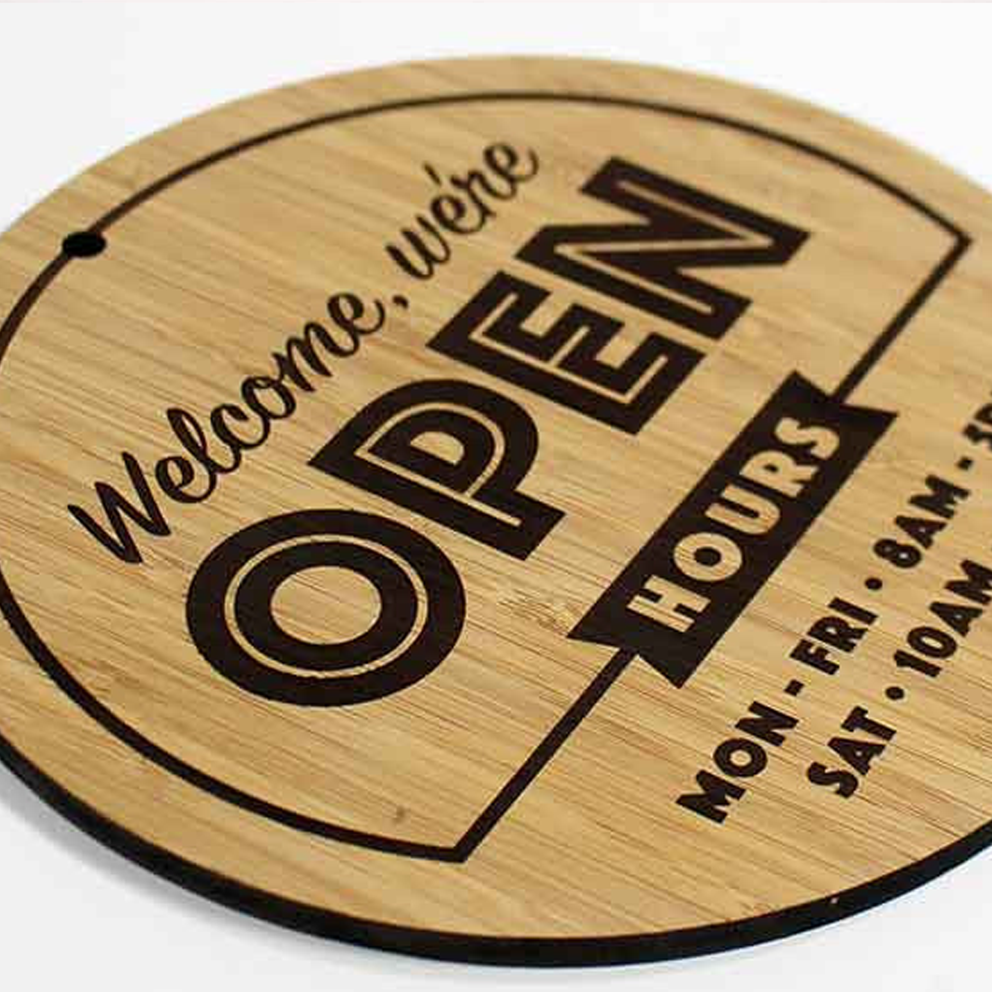 Round bamboo opening hours sign with engraved text and cut lettering for shop entry display
