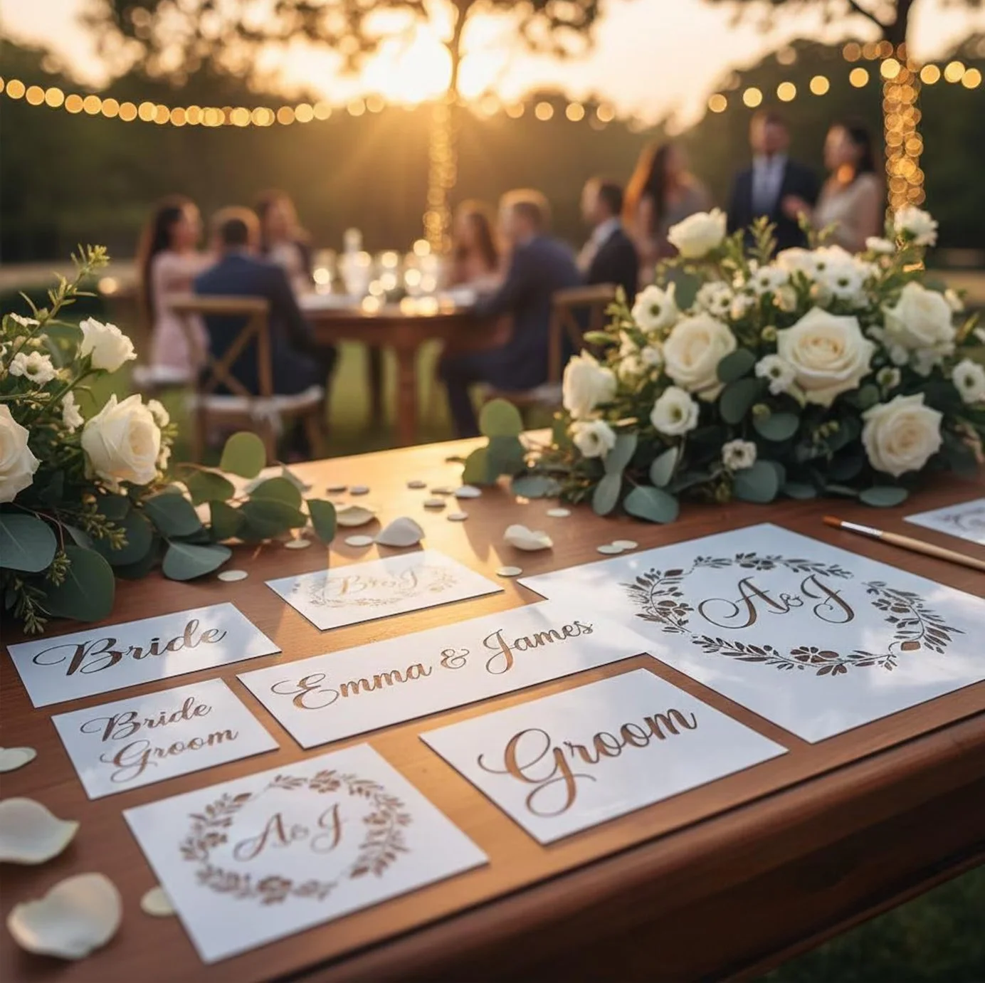 Decorative wedding reception table with floral arrangements and place cards for bride, groom, and wedding party at sunset outdoor event.