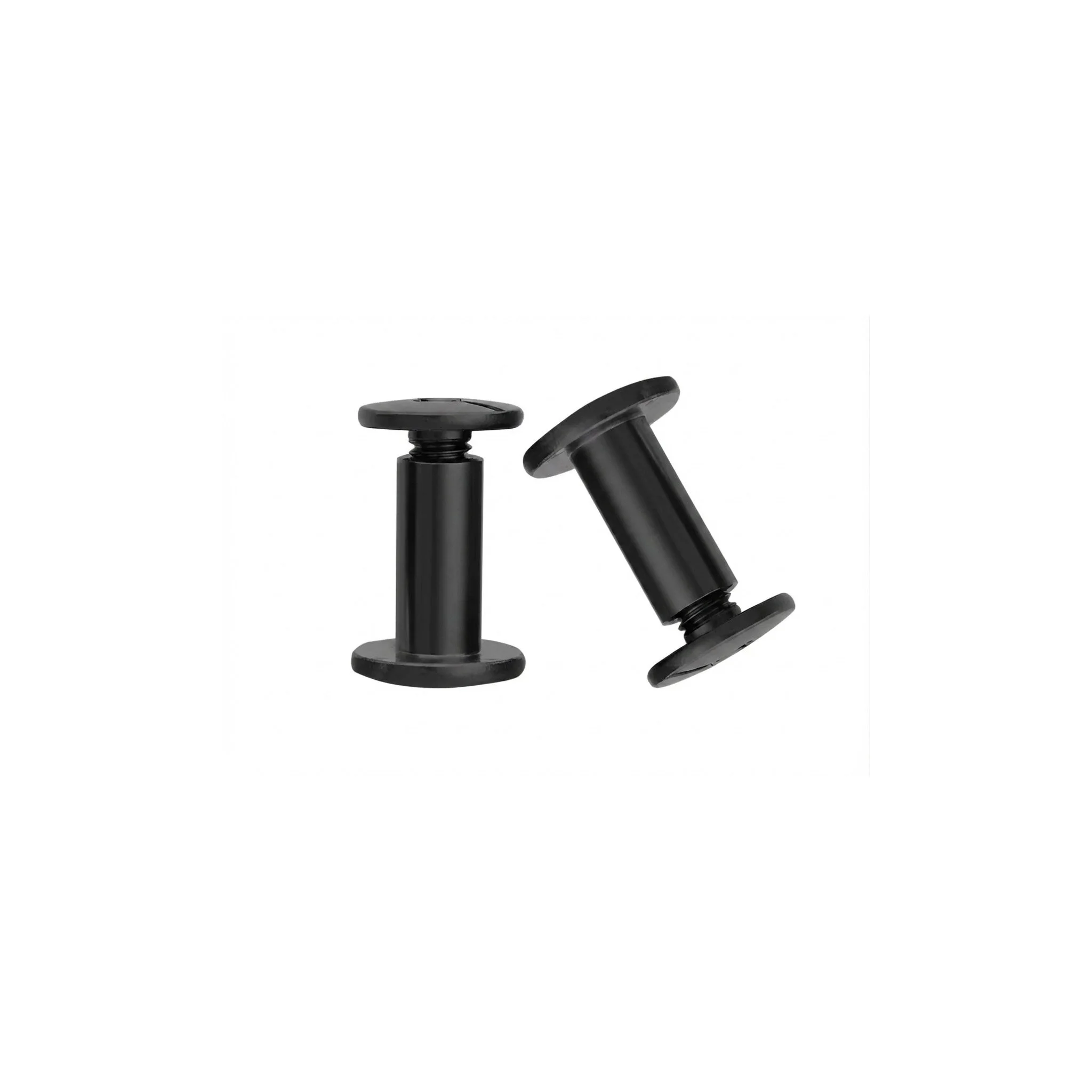 Two black plastic bobbins on a white background.