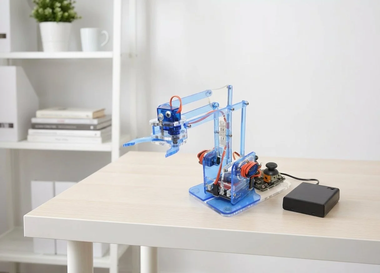 Compact acrylic robotic arm model with electronic components and controller, displayed on a tabletop.