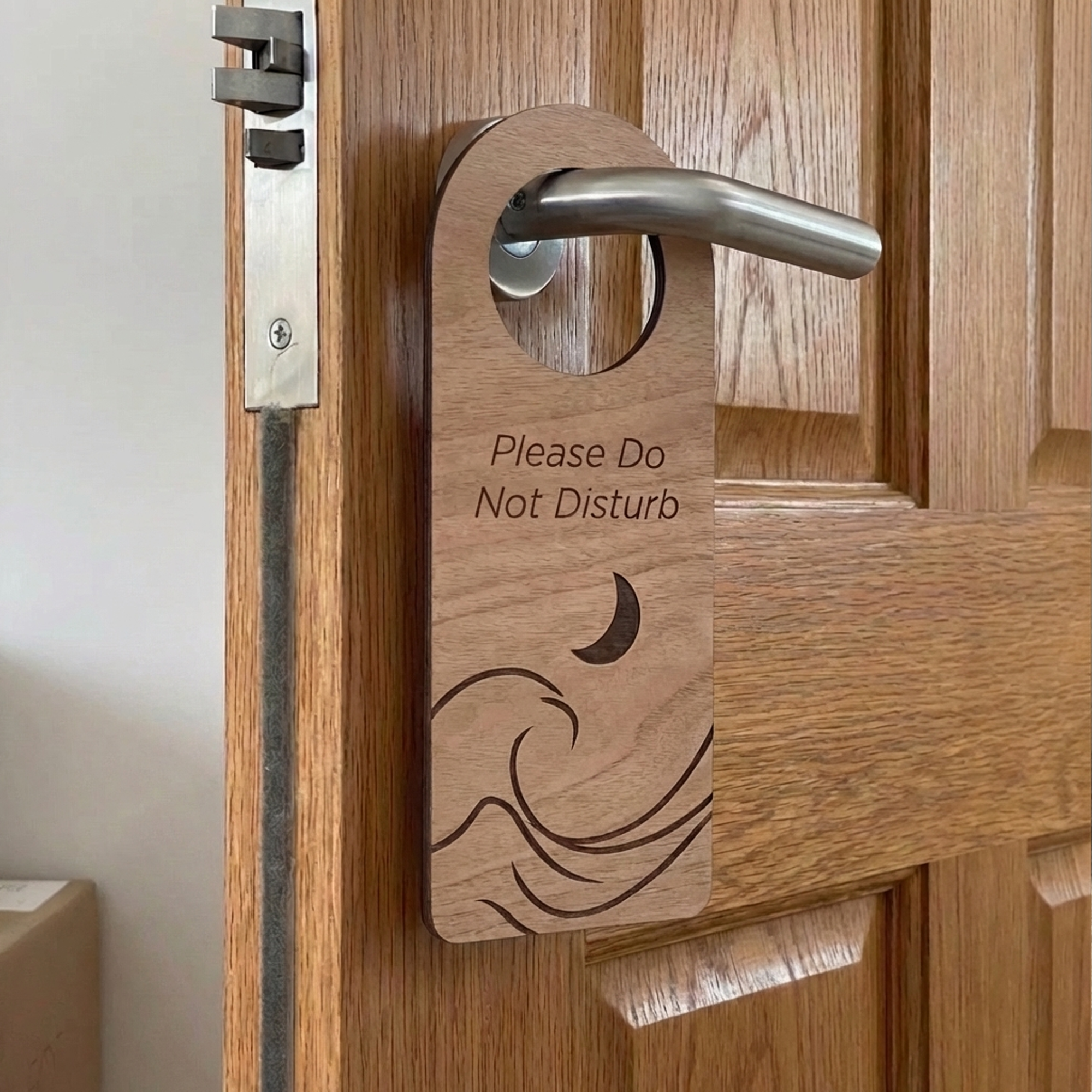 Engraved wooden door hanger sign with “Please Do Not Disturb” text hanging on a timber door handle
