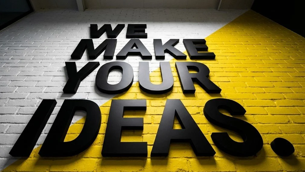 Large 3D black letters spelling “WE MAKE YOUR IDEAS” mounted on a white and yellow brick wall.