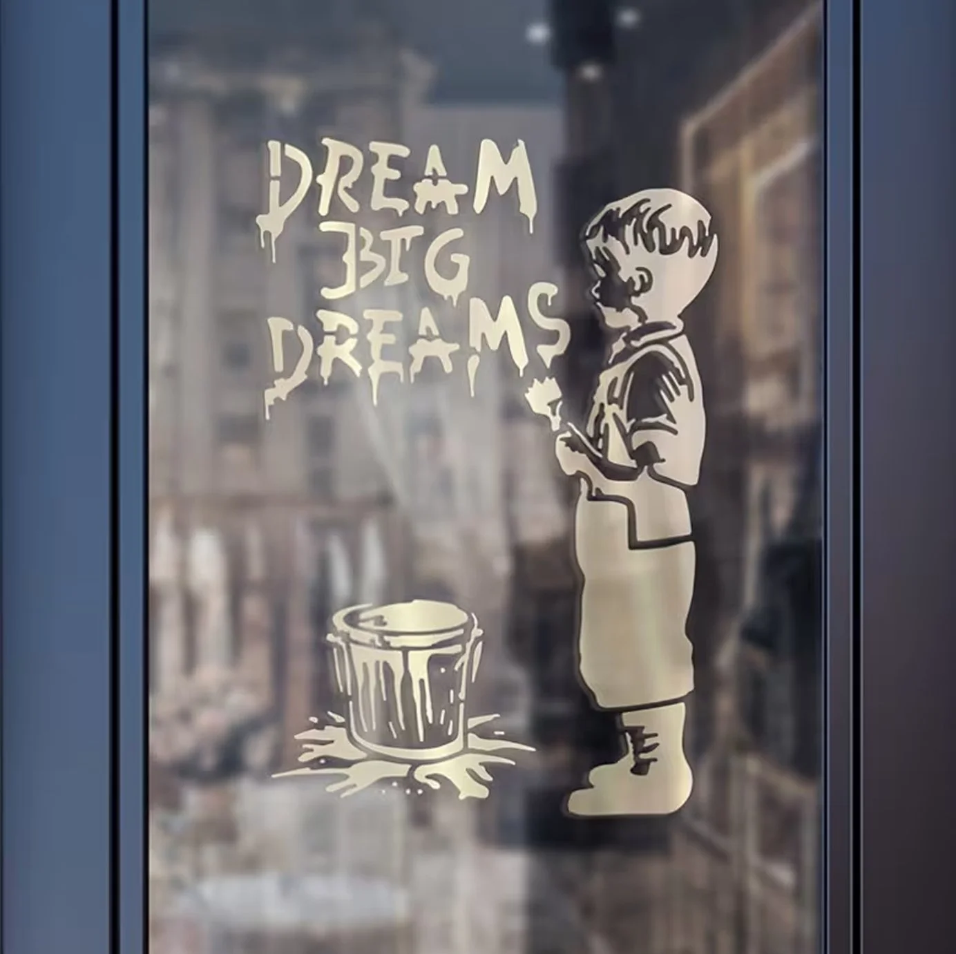 Custom graphic stencil artwork applied to a glass window for branding or decorative display