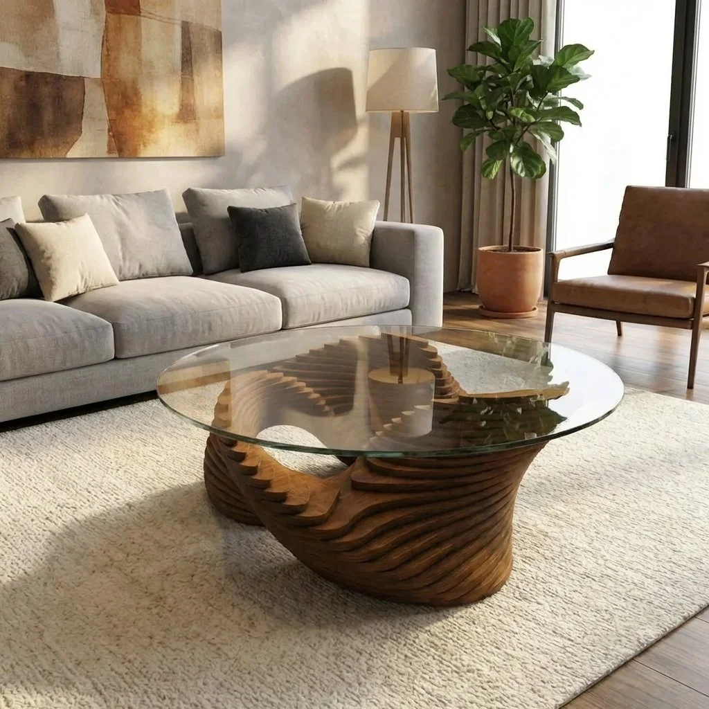 A custom layered wood coffee table with a round glass top in a modern living room setting.