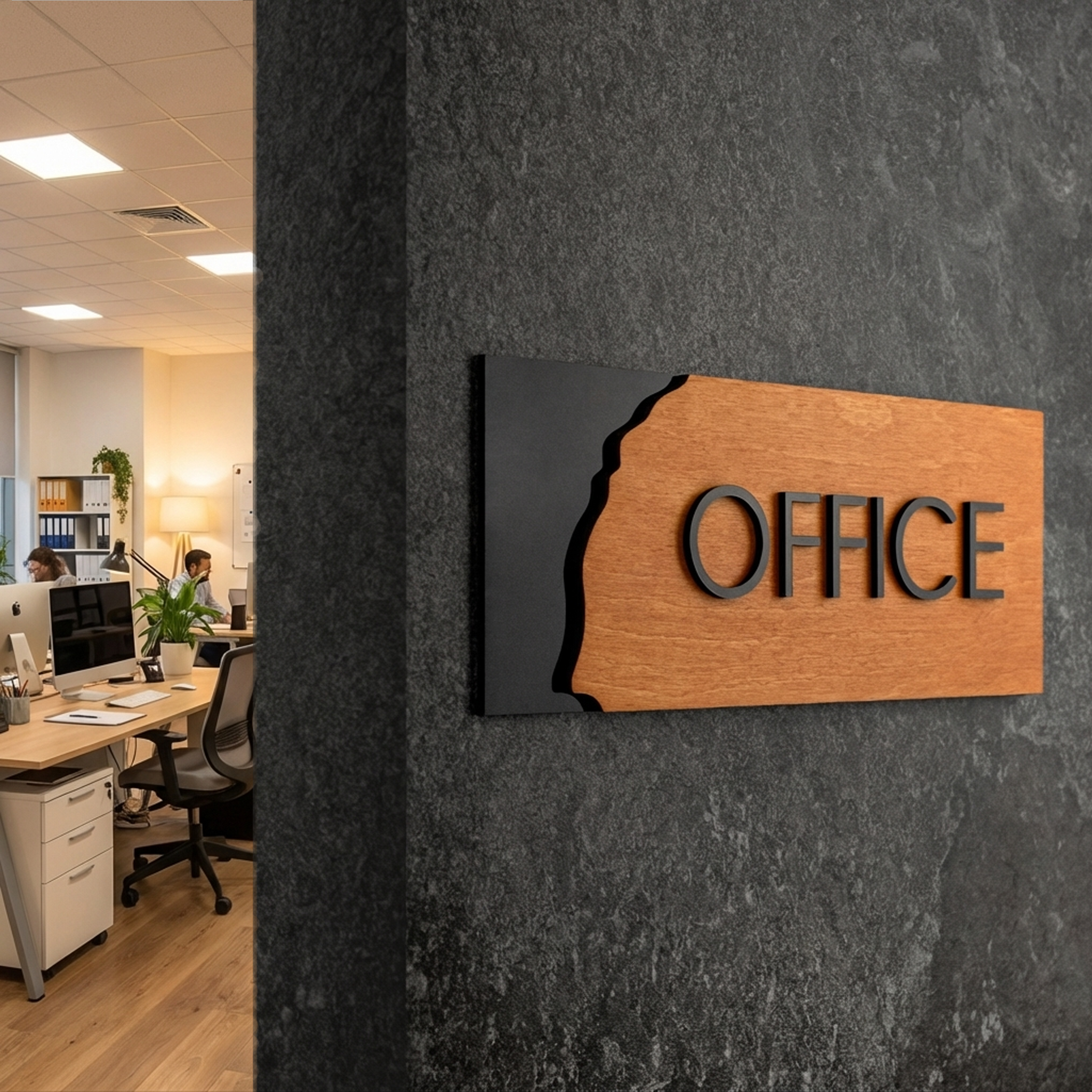 Layered timber and black acrylic office wall sign with raised lettering mounted on a dark interior wall
