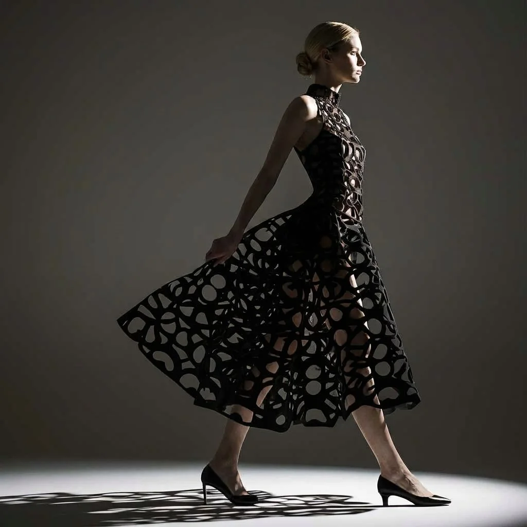 Elegant black dress with an intricate laser-cut pattern, shown in a dramatic fashion editorial setting.