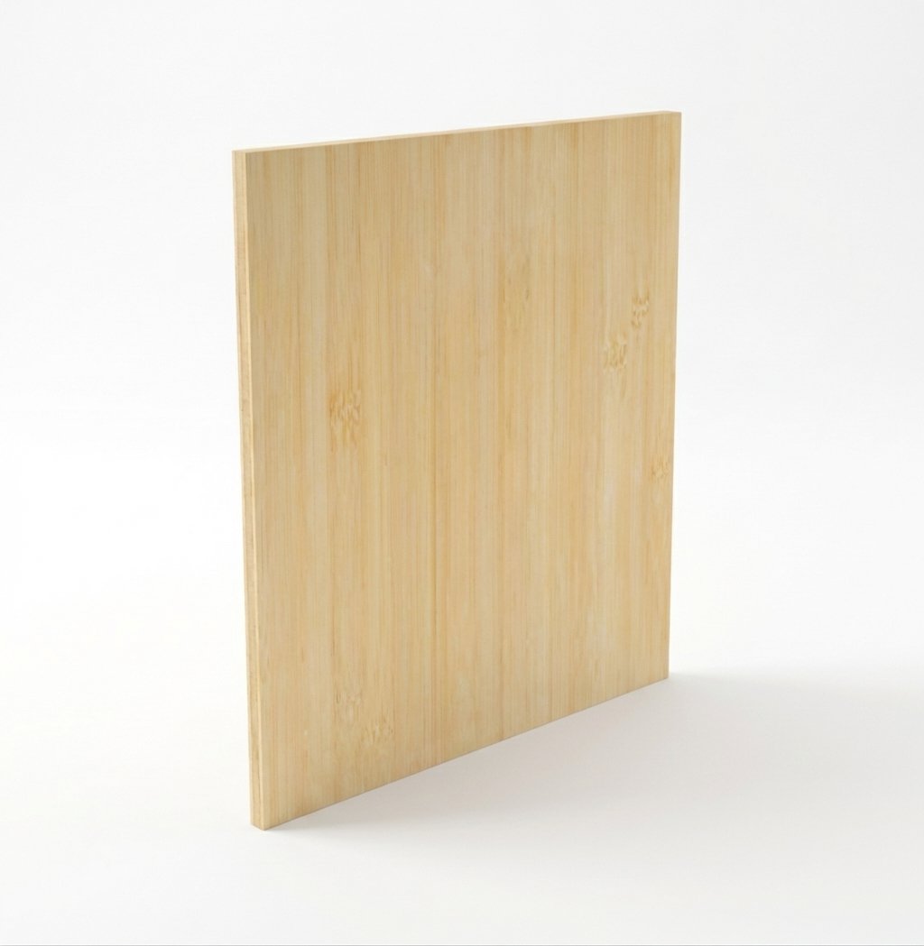 A rectangular wooden board standing upright on a white surface.