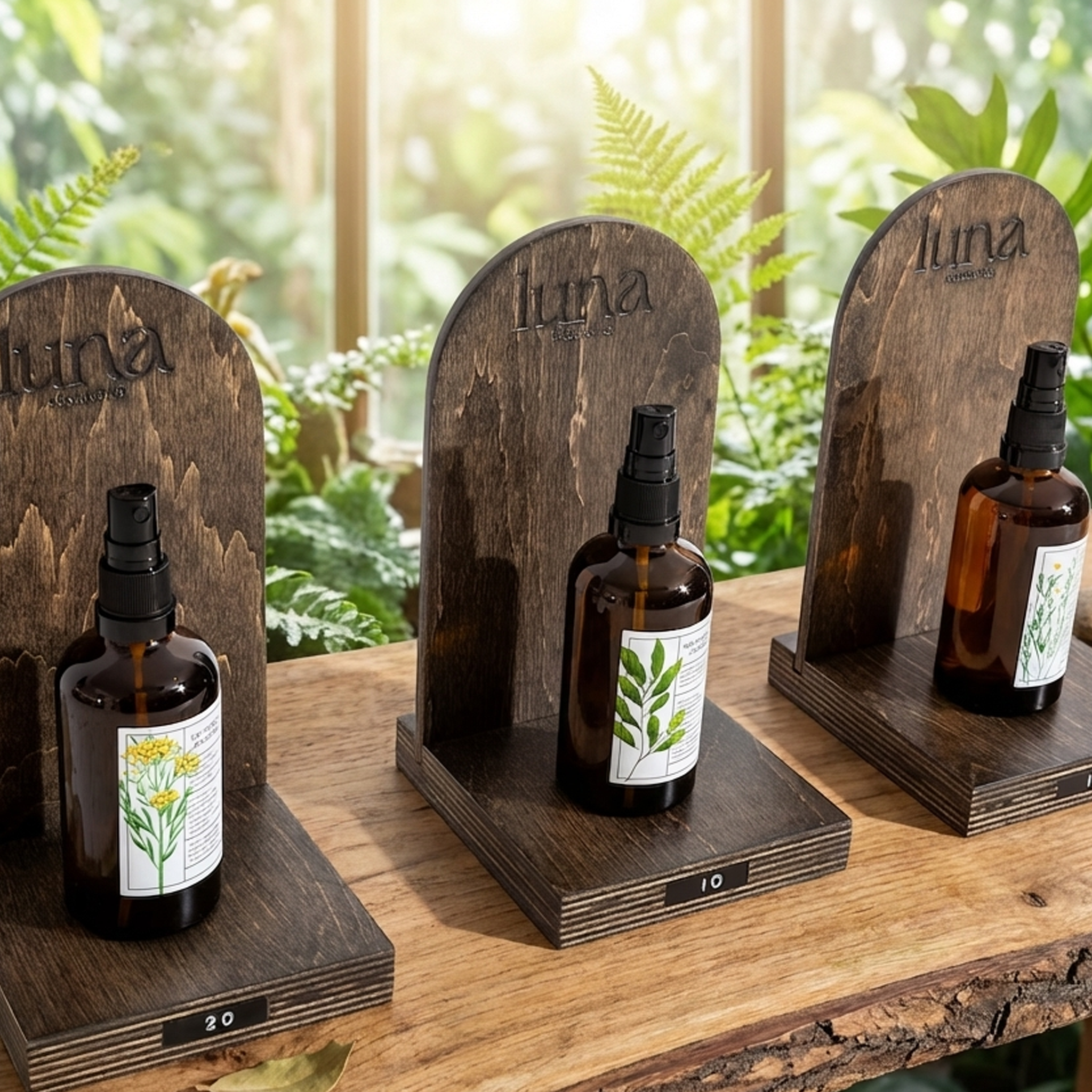 Wooden countertop tester display stand with engraved branding and bottle holder for retail product presentation