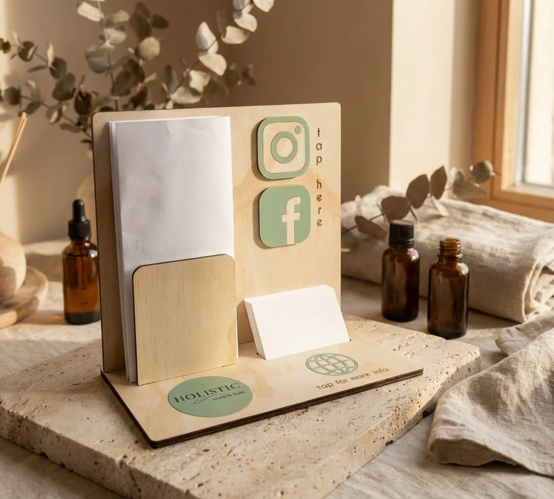 Custom wooden countertop display stand with social media icons, brochure holder, business card holder and branded information area shown in a styled retail setting