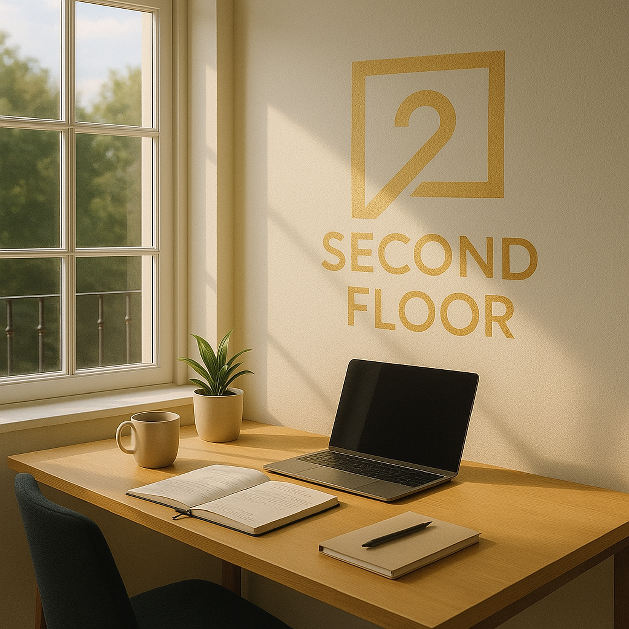 A wooden desk near a window with a potted plant, a coffee mug, an open notebook, a closed notebook, a pen, and a laptop. Sunlight casts shadows on the wall, which has the words 'SECOND FLOOR' painted in large letters.