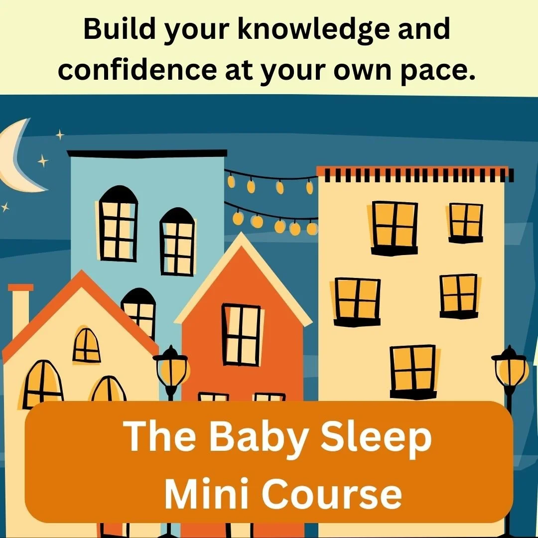Colorful illustration of a neighborhood at night with various buildings, a crescent moon, stars, and string lights. The text reads: "Build your knowledge and confidence at your own pace. The Baby Sleep Mini Course."