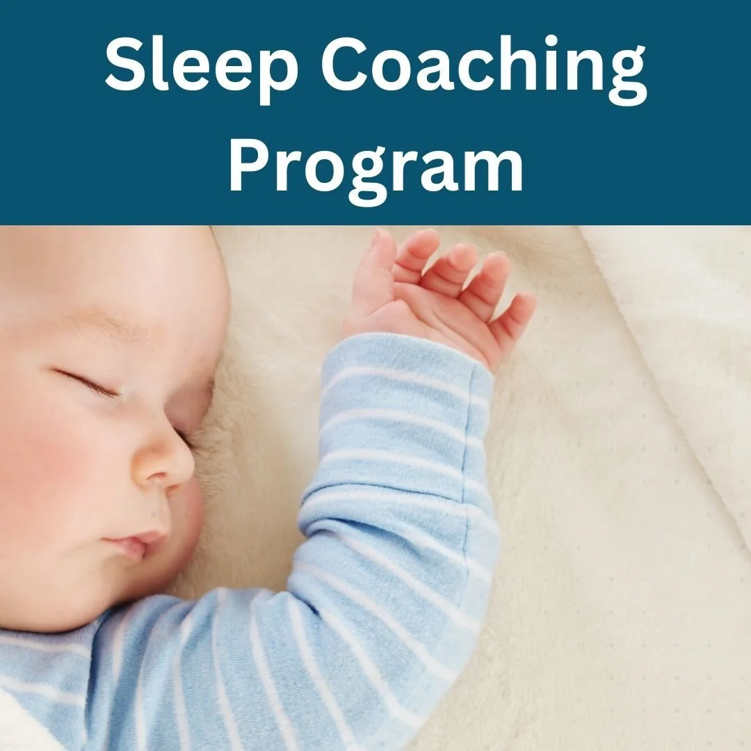 Close-up of a sleeping baby with a blue and white striped shirt, lying on a soft surface with the text 'Sleep Coaching Program' above.