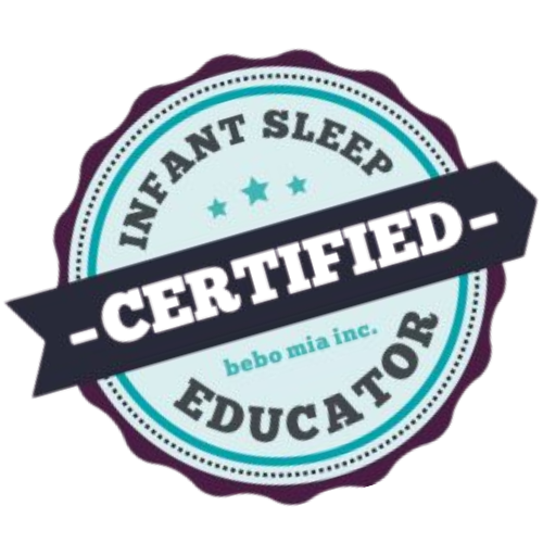 A badge-style graphic with the text 'Infant Sleep Certified Educator' and the subtitle 'bebo mia inc.' and a black ribbon with 'Certified' written on it.