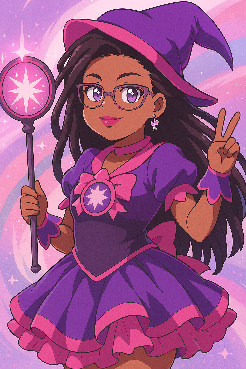 Young witch character with long dark hair, purple glasses, and purple dress with pink accents, holding a magic wand with a star emblem, making a peace sign, set against a purple and pink cosmic background.