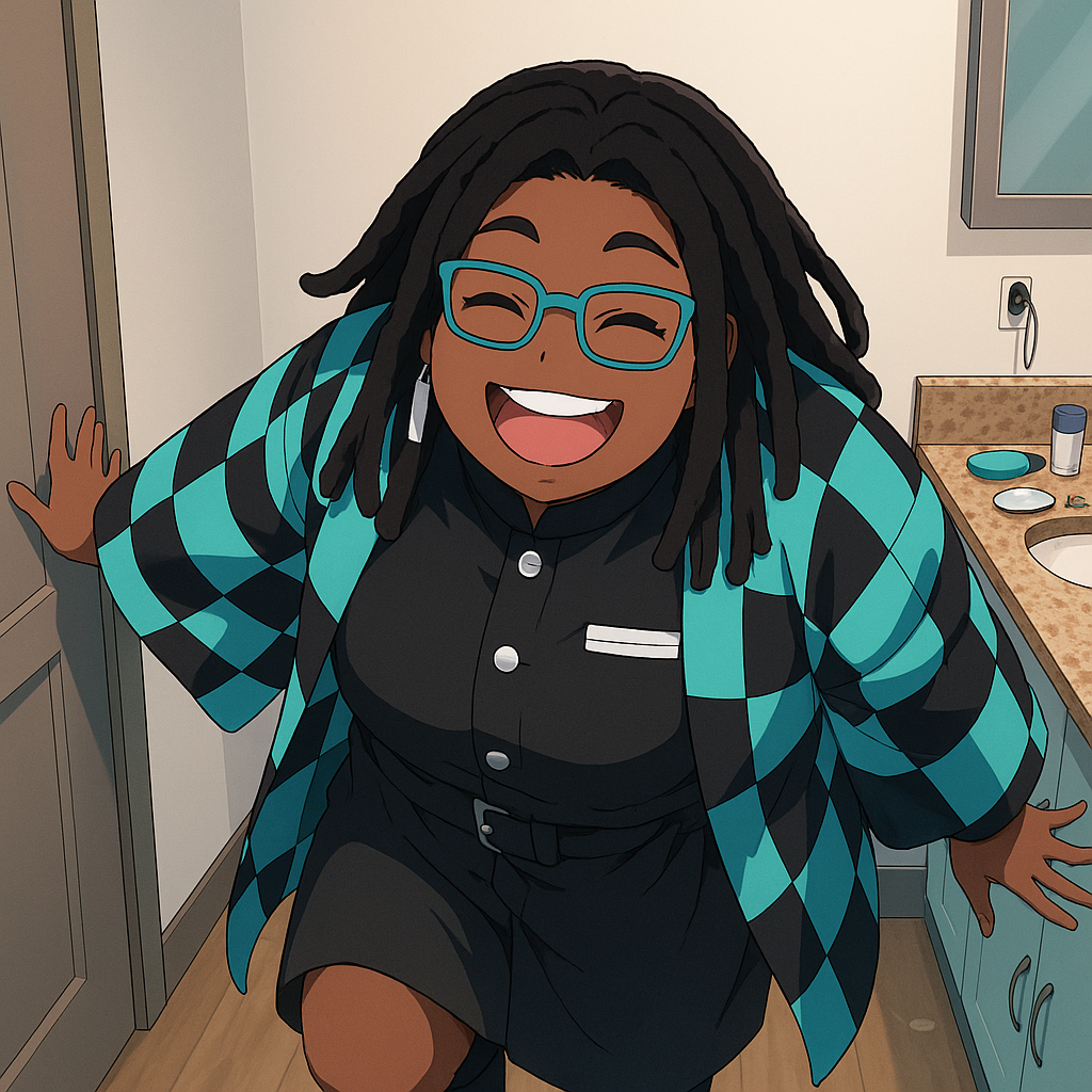A cheerful woman with glasses and dreadlocks laughing in a bathroom, leaning forward with one hand on the door frame and the other on the bathroom counter, wearing a black shirt and a blue and black checkered jacket.