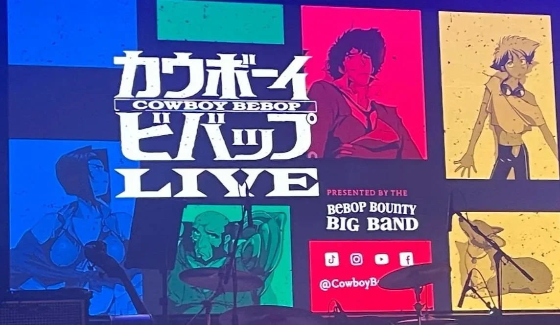 Poster for a Cowboy Bebop live event featuring animated characters from the series in colorful illustrations, with event details and social media icons.