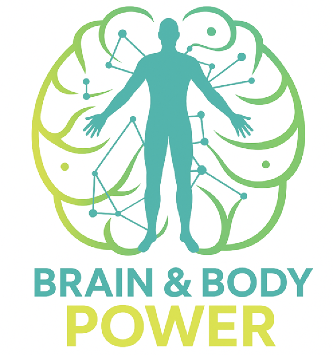 Illustratie van een menselijk lichaam met lijnen en stippen eromheen, tegen een achtergrond van een hersen- en lichaamsvorm, met de tekst 'BRAIN & BODY POWER' eronder.