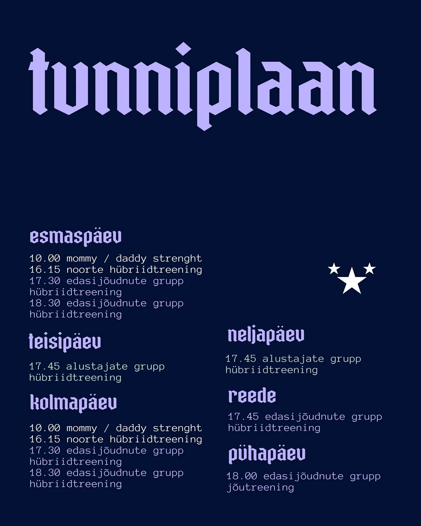 🗓️Leia oma lemmik trenn!
Meie tunniplaanist leiab iga&uuml;ks endale sobiva treeningu💜✨

Lendame koos!🦅

#aavsquad #aavsquadtreeningud #aavsquadr&uuml;hmatreeningud #aavsquadv&auml;litreeningud #houseofsport #stuudio #stuudiotallinnas #treening #t