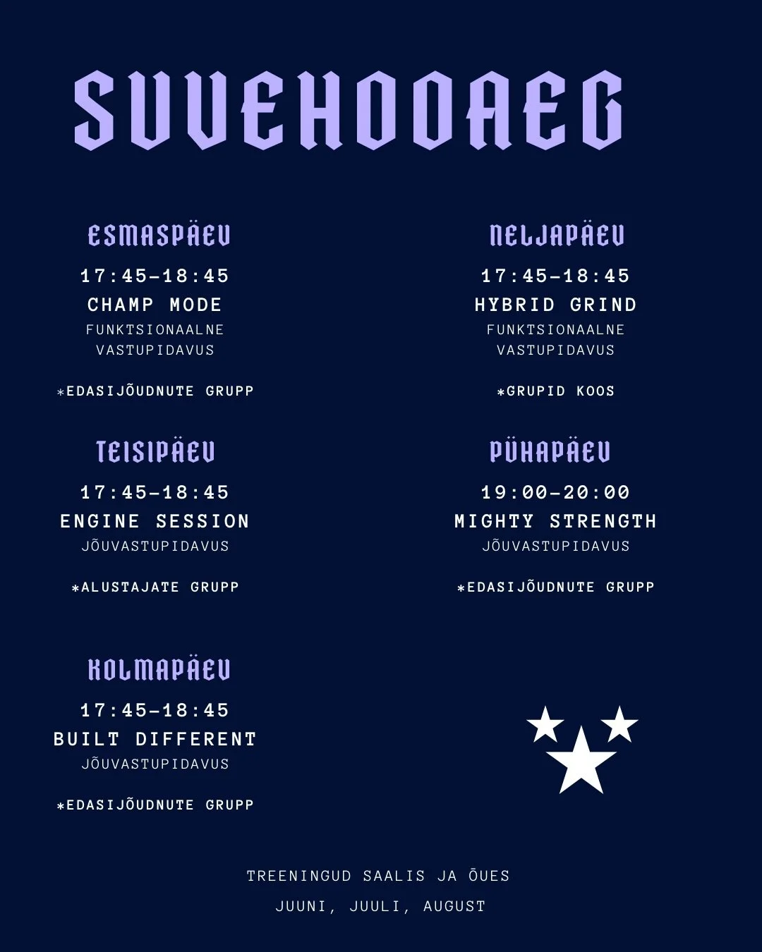 Suvehooaeg algab 01.06💜🤝

Aav Squad teeb trenni aastaringselt, sest Everyday Champion naudib liikumist✨

Lahedad v&auml;litrennid toovad teisi v&otilde;imalusi treenijatele ning suvel peab ilma nautima😎
Ikka ja alati h&uuml;briidtreeningud🙌
P&oti