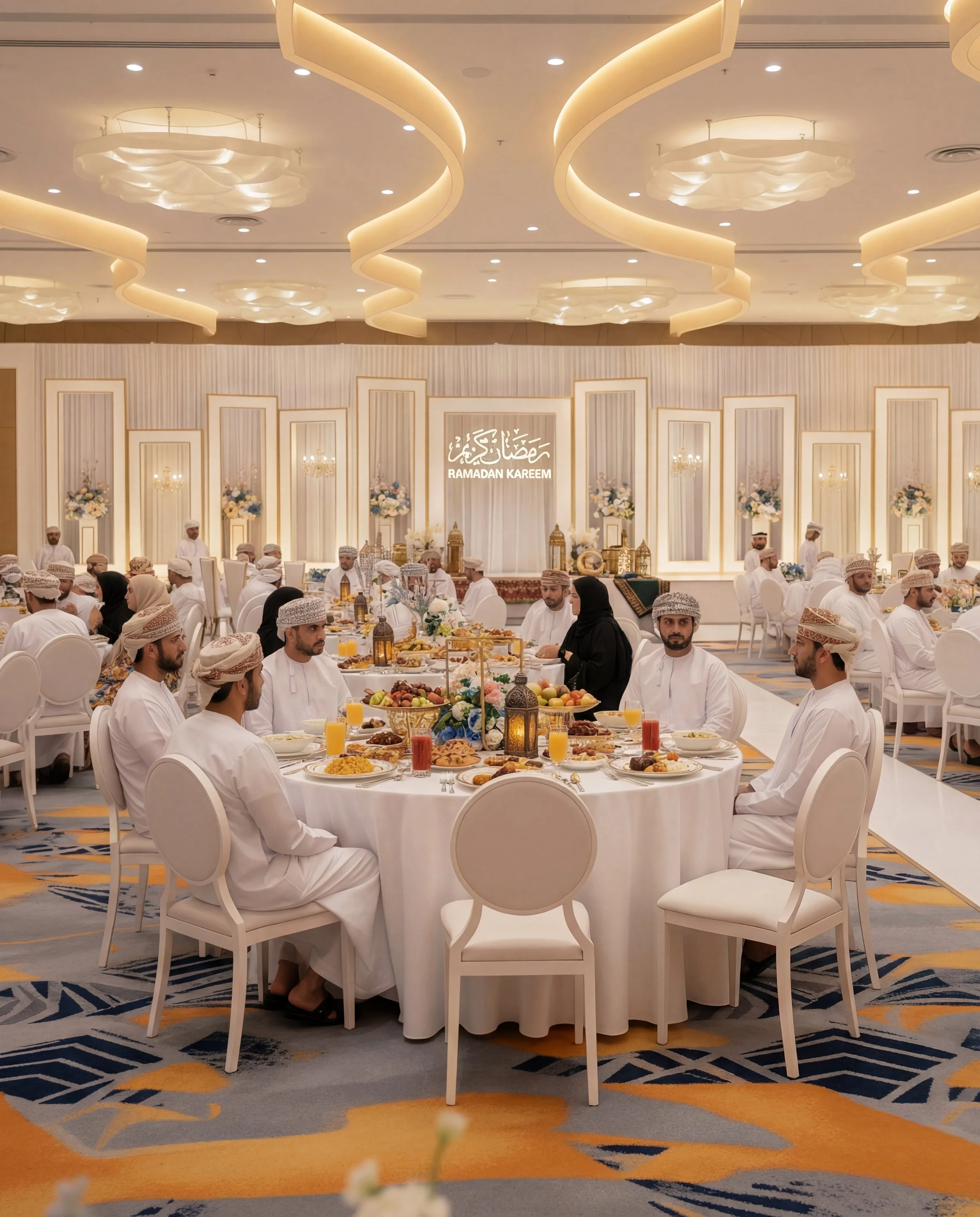 Nighttime cityscape with modern buildings illuminated, and a starry sky above displaying constellations of Santa and his reindeer forming a festive display.