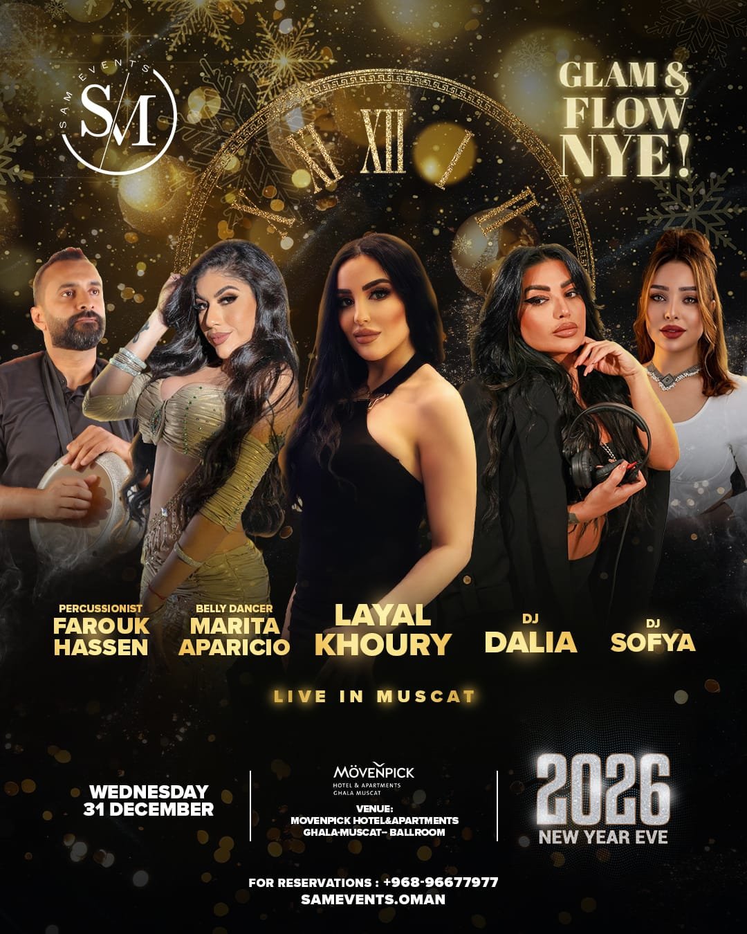 A promotional poster for a New Year's Eve event featuring five performers: Farouk Hassen, Marita Aparicio, Layal Khoury, Dalia, and Sofya, with a background of golden clocks, snowflakes, and festive lights, announcing the event will be live in Muscat on December 31, 2026, at the Movenpick Hotel & Apartments Ghala, with contact for reservations in Oman.