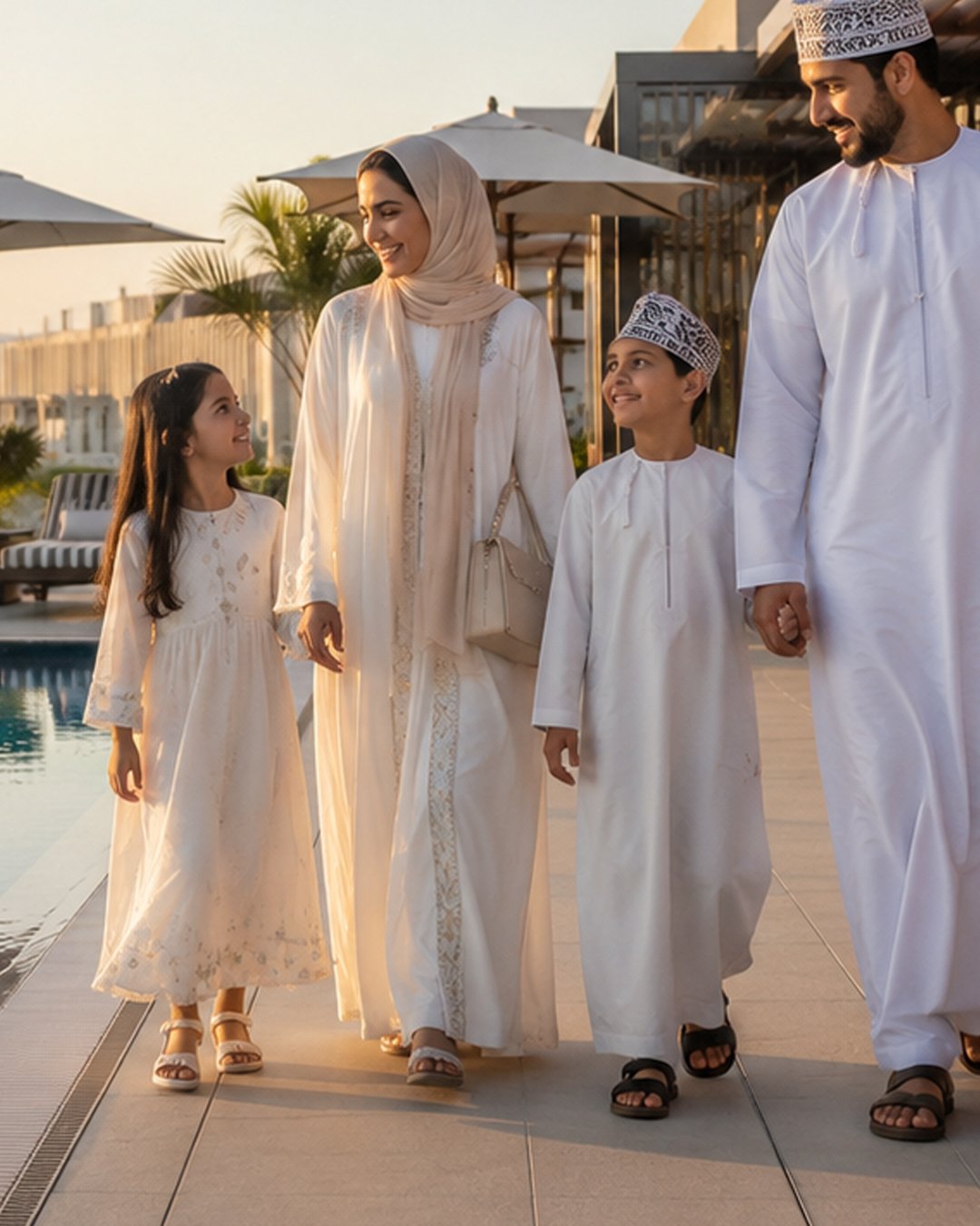 A family of four dressed in traditional Middle Eastern attire, walking by a pool at sunset and smiling at each other.