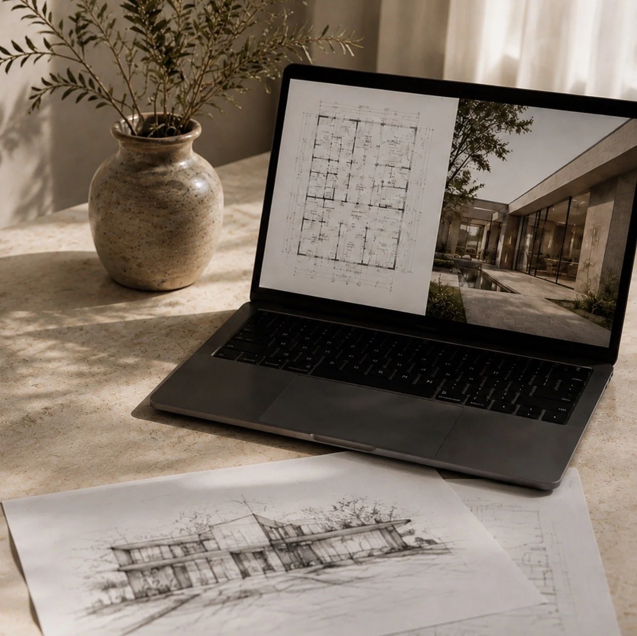 A laptop on a table displaying architectural blueprints and a modern building exterior, with a paper drawing of a house and a potted plant nearby.
