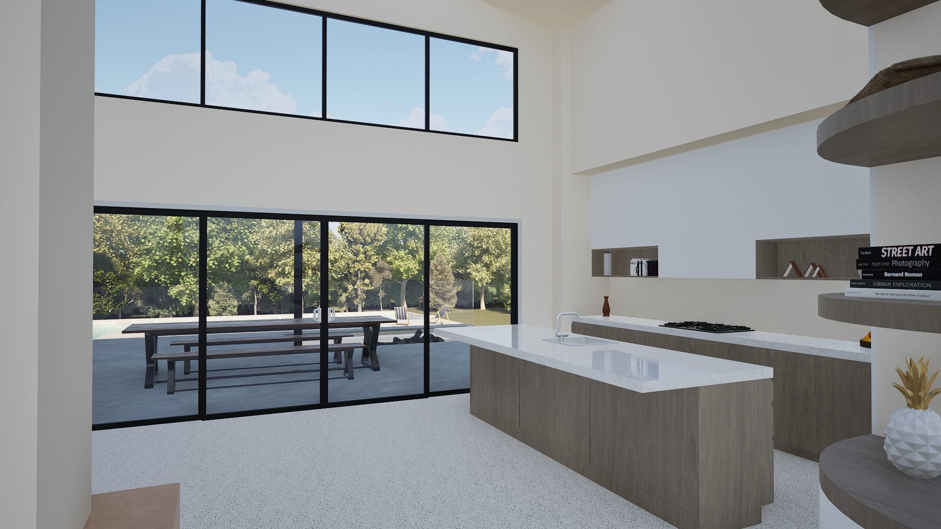 Modern kitchen with large sliding glass doors opening to outdoor patio and yard with trees, garden chairs, and picnic table, during daytime.
