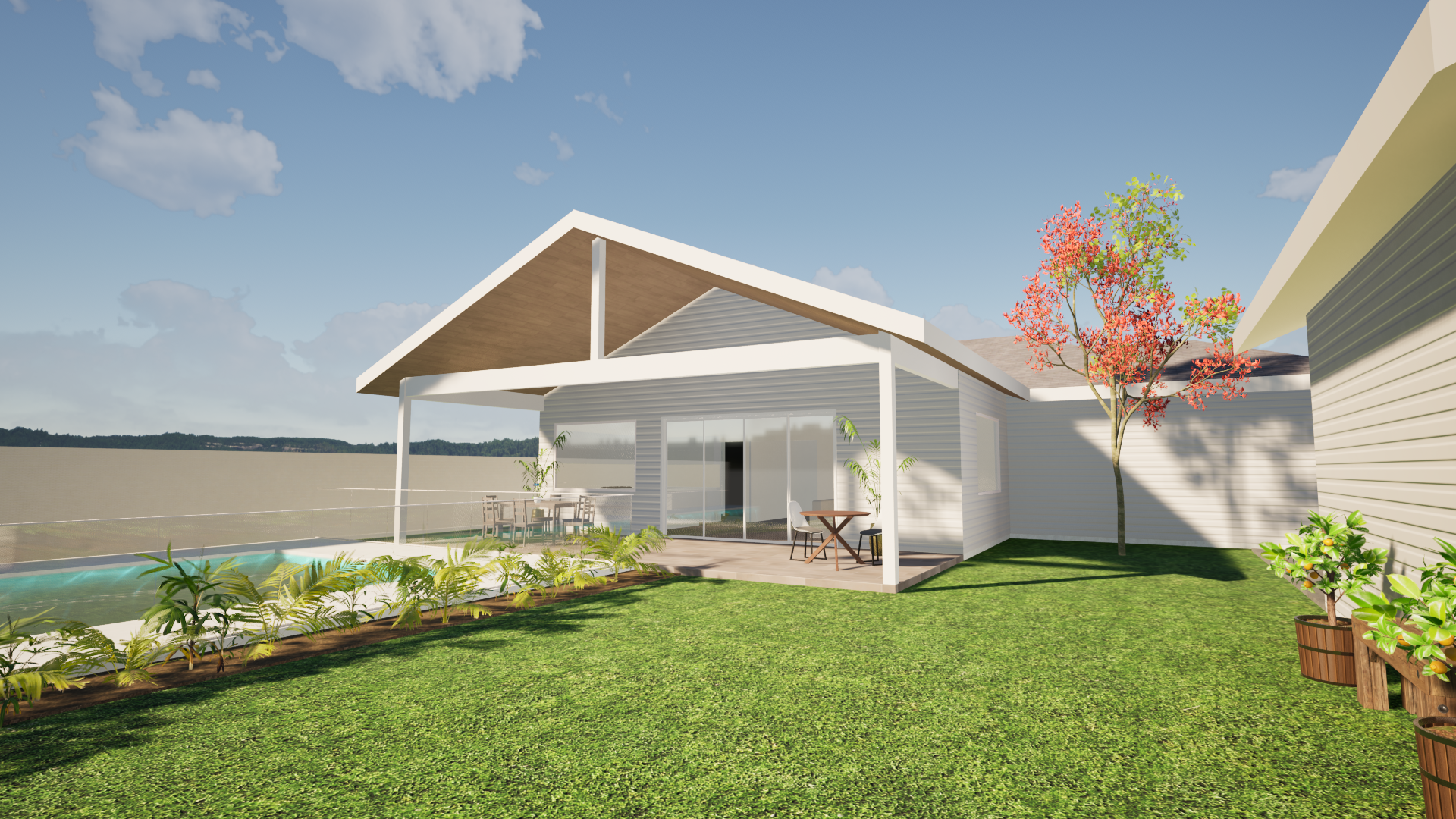 A modern backyard with a grassy lawn, a small pool, a wooden deck, an outdoor dining table with chairs, potted plants, and a cherry blossom tree, with a blue sky and clouds in the background.