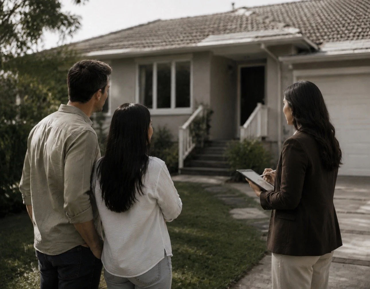 A real estate agent showing a house to a couple in front of a suburban home.