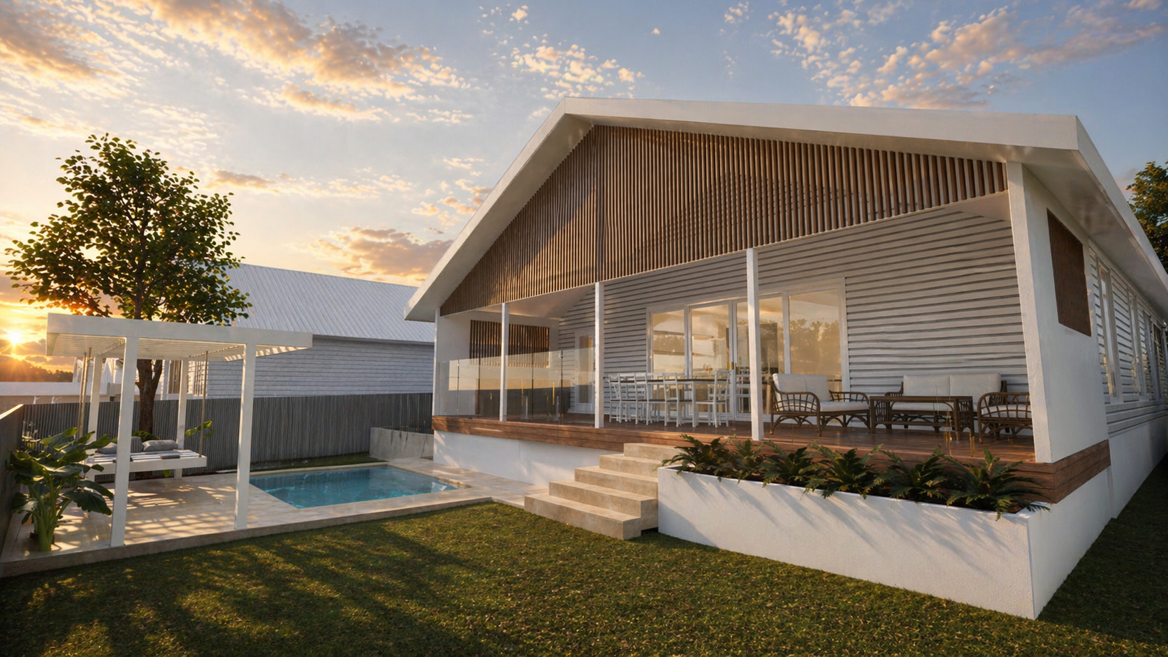 Rear alfresco extension with a pool and cabana. Family friendly living