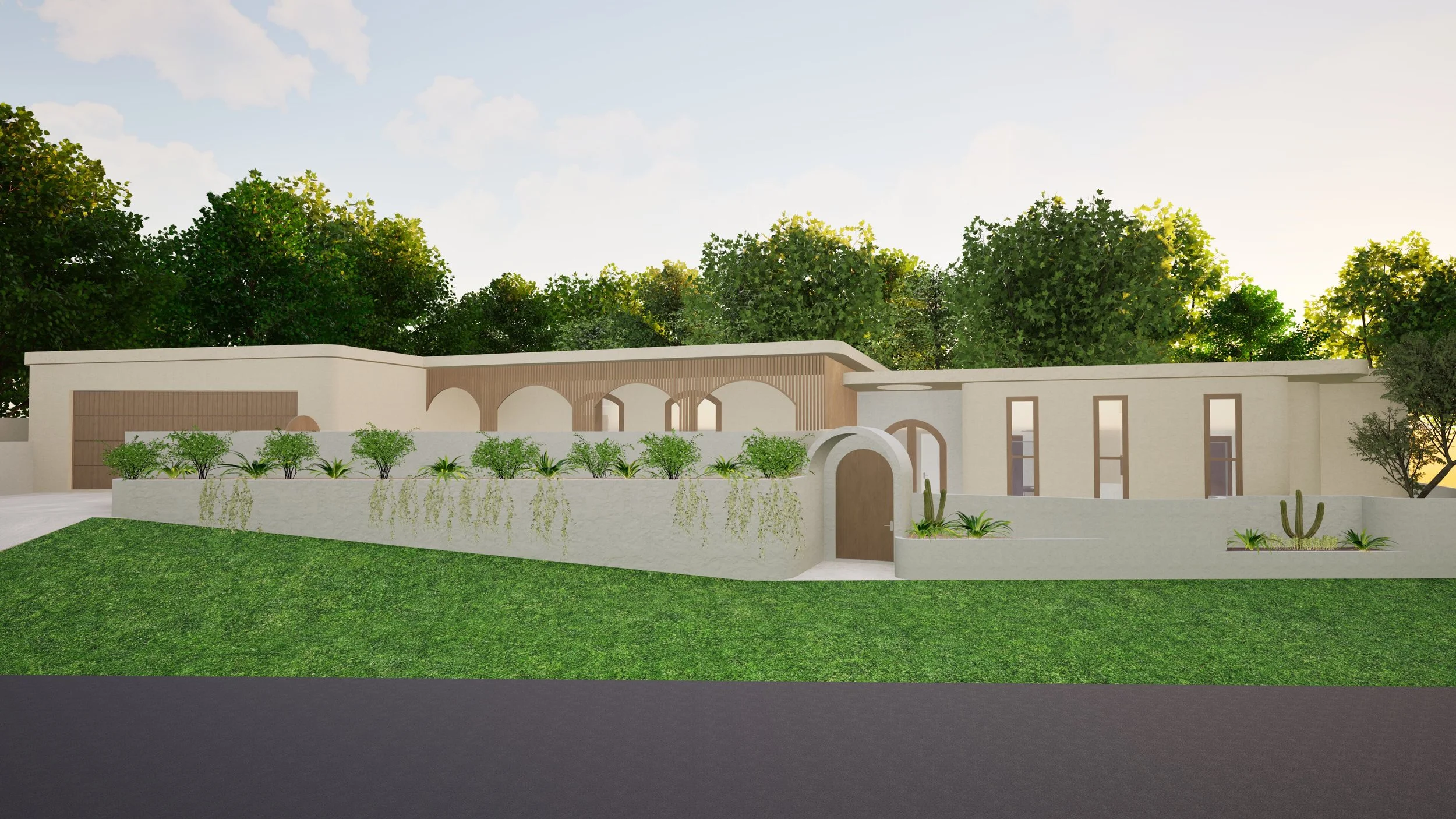 A modern single-story house with a white exterior, arched and rectangular windows, a wooden garage door, decorative plants, and a lush green lawn, set against a backdrop of trees and a partly cloudy sky.