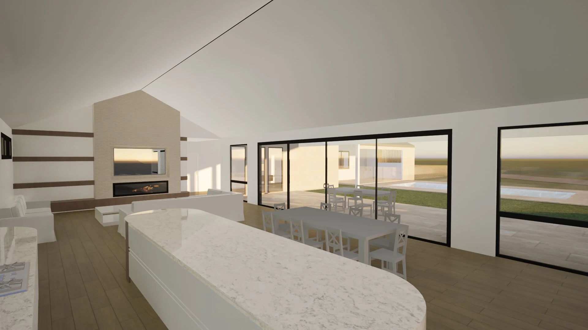 Interior view of a modern open-concept living and dining area with large glass sliding doors opening to an outdoor patio with a pool and open landscape