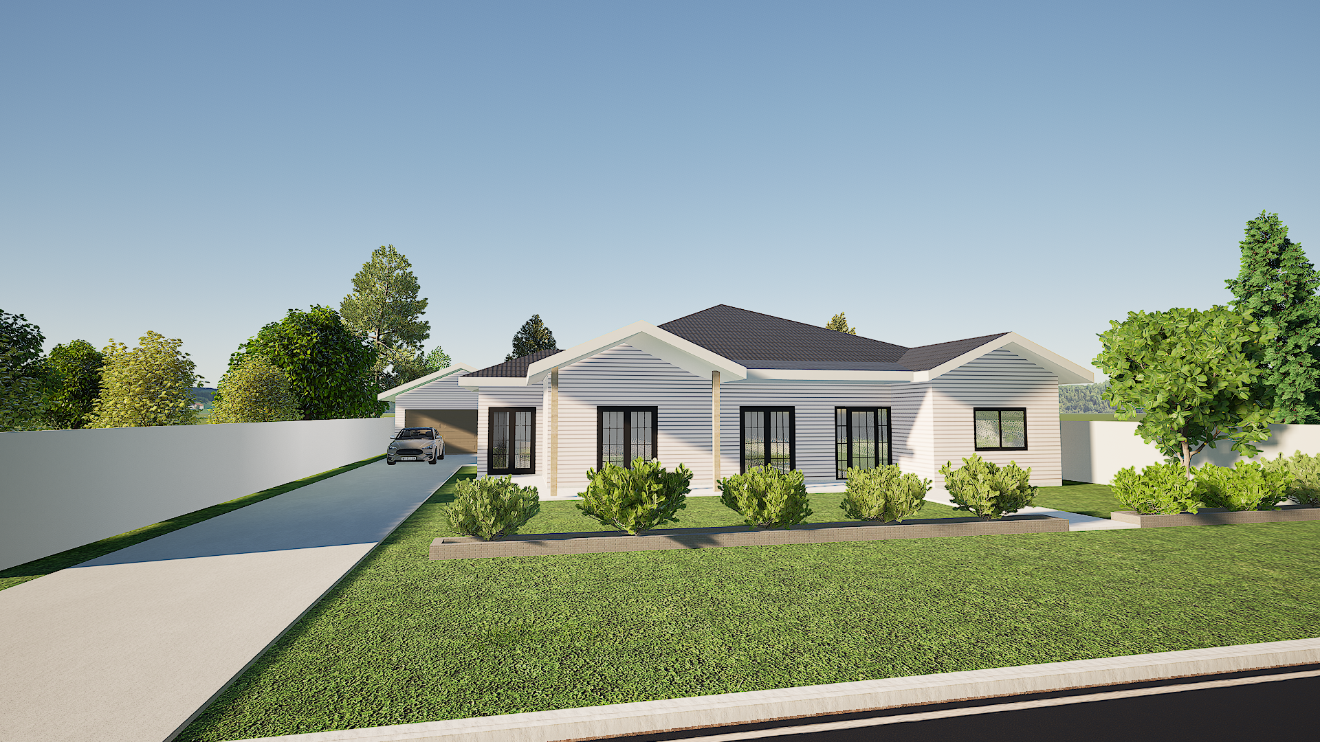 Rendering of a modern single-story suburban house with gray siding, black window frames, and a dark roof, surrounded by a green lawn, shrubbery, and trees, with a driveway on the left and a white fence in the background.