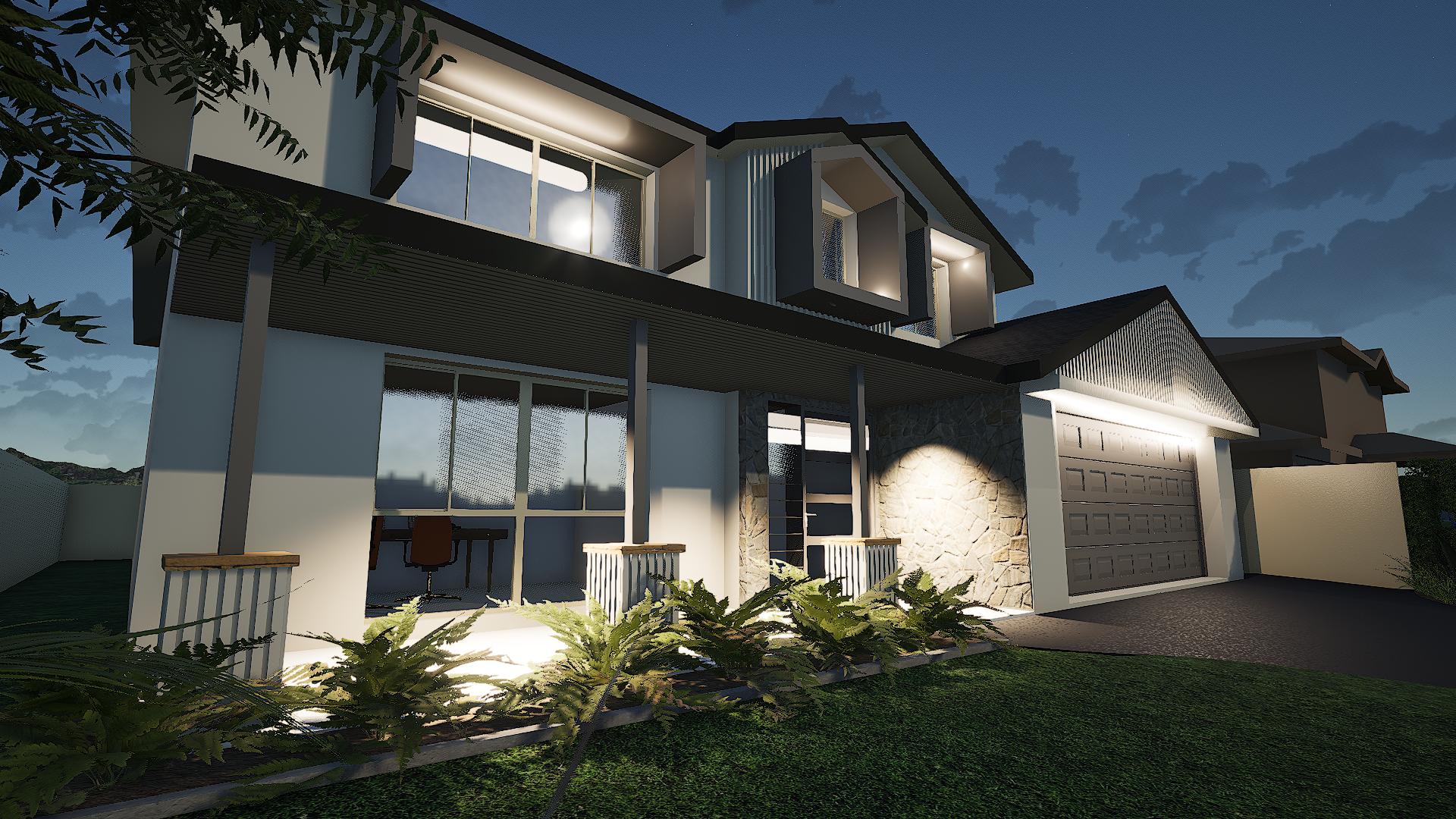 Nighttime view of a modern two-story house with exterior lighting, large windows, a garage door, stone and siding exterior, surrounded by a grassy yard and shrubbery.