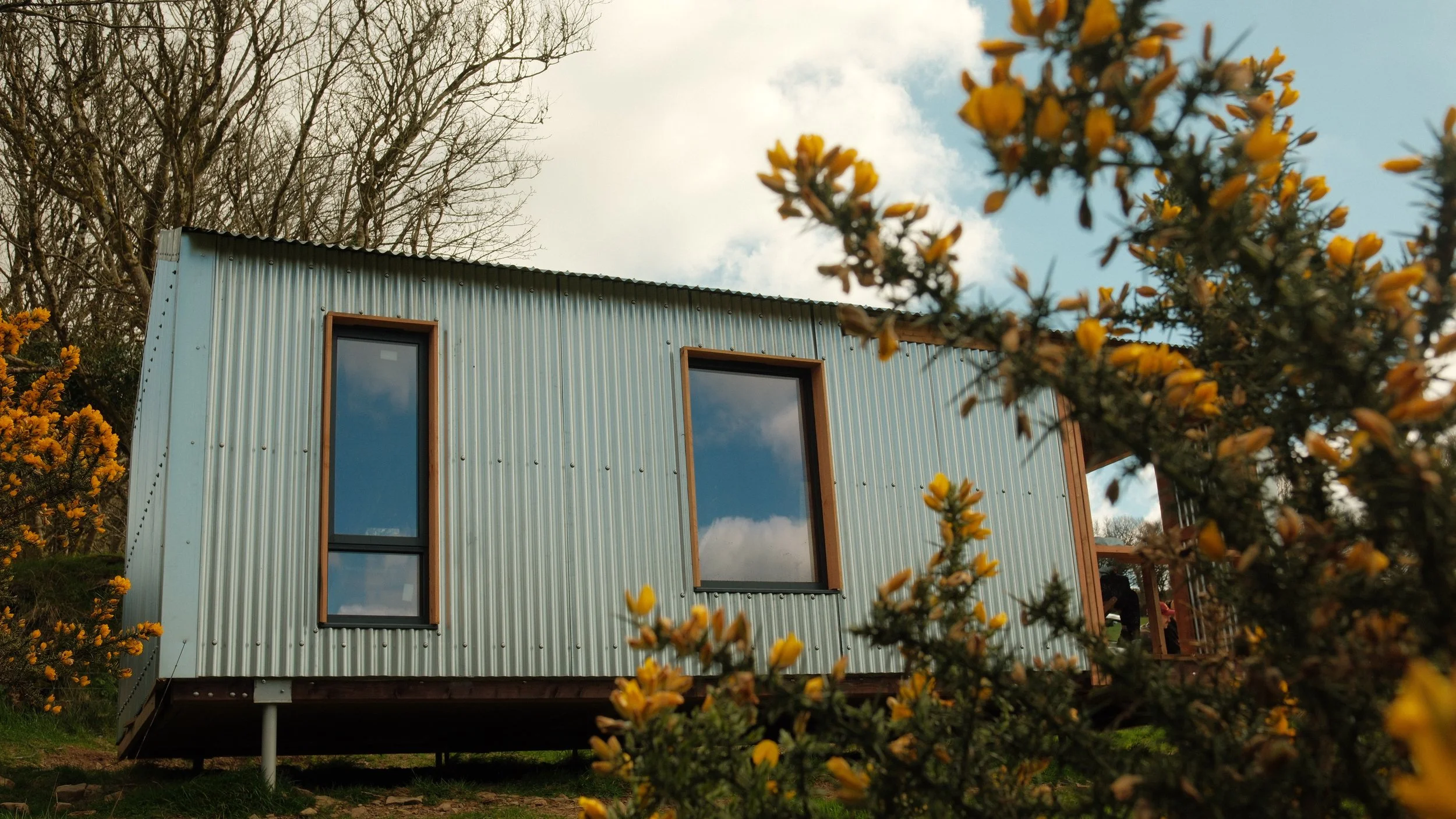 A modern metal house with large windows, surrounded by flowering bushes and trees, under a partly cloudy sky.