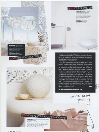 Collage of interior design images and text, including a bathroom with a modern toilet, a decorative ball, and a hand reaching towards it, with labels for different years and style descriptions.