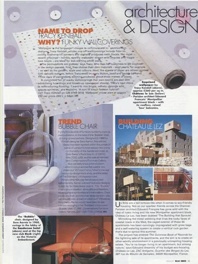 Magazine page on architecture and design featuring an article about naming and trends in wall coverings, an image of a bubble chair, a picture of a modern building named Chateau Leez, and a photo of a wooden chair with a curved back.